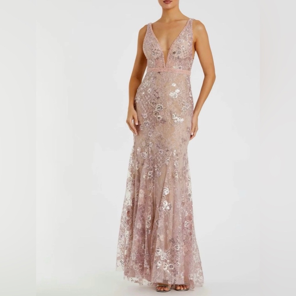 Mac Duggal Rose pink Sequin Floral Lace V-Neck  Size 8 New